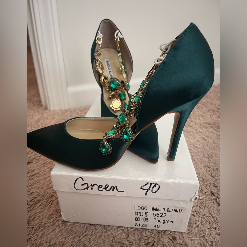 COPY- Manolo Blahnik Green Satin Heels with Jewel Embellishments
